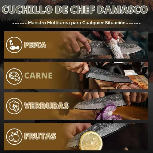 Vista 2 de TAN REN Cuchillo de chef de Damasco de 6 pulgadas con funda, cuchillo japonés Kiritsuke afilado, cuchillos de cocina de Damasco de espiga completa