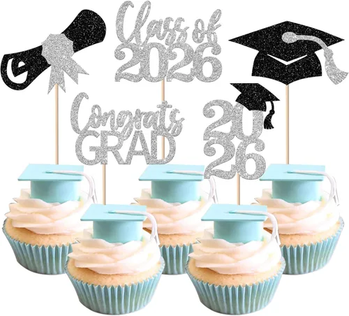 Vista 52 de Paquete de 24 adornos para cupcakes de clase de 2026 con purpurina 2026 para diploma de graduación 2026, selecciones para cupcakes para graduación