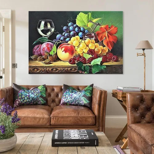 Vista 3 de Arte de pared vintage con imágenes de vino, obras de arte de vino y frutas, pintura al óleo sobre lienzo para comedor, lienzo, impresiones