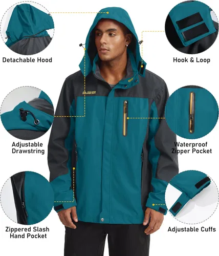 Vista 6 de MAGCOMSEN Men's Hooded Windproof Water Resistant Rain Jacket Windbreaker 5 Pockets for Hiking,Fishing,Runing