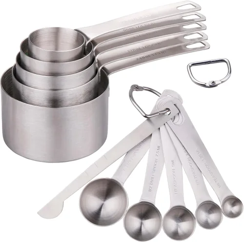 Vista 10 de Smithcraft Juego de 15 tazas y cucharas medidoras de acero inoxidable 18/8 métricas y estadounidenses para hornear y cocina, 6 tazas medidoras y 7
