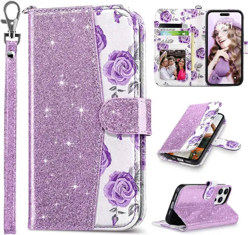 Vista 41 de ULAK Funda tipo cartera compatible con iPhone 15 Pro con tarjetero y diseño de flores, para mujeres y niñas, piel sintética, con función atril