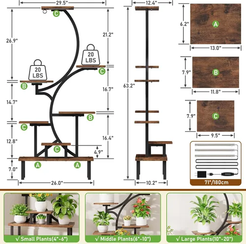Vista 6 de Soporte para plantas de interior con luces de crecimiento, estante para plantas de interior de 7 niveles con base elevada y gancho para colgar
