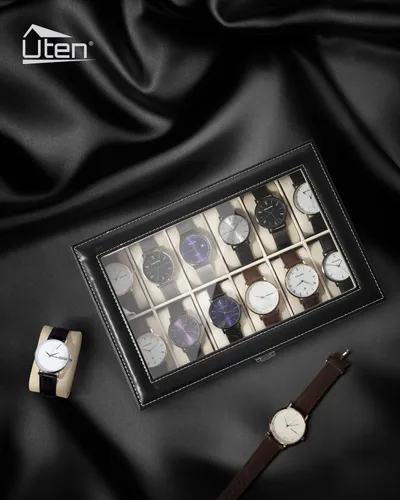 Vista 3 de Uten Organizador de relojes, caja de poliuretano con 12 ranuras y tapa de cristal, regalo del día de San Valentín, caja de exhibición de reloj