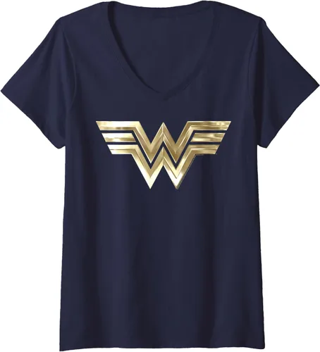Vista 3 de DC Comics Wonder Woman 1984 - Camiseta con cuello en V y logotipo dorado para mujer, talla S Negro