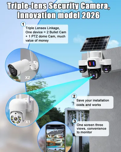 Vista 2 de 3-Lens Wireless Outdoor Camera for Home Security (3-Lens Black) Multi-lens+PTZ 360° Coverage,PIR Pro Motion Detection & Auto Tracking,Spotlight &
