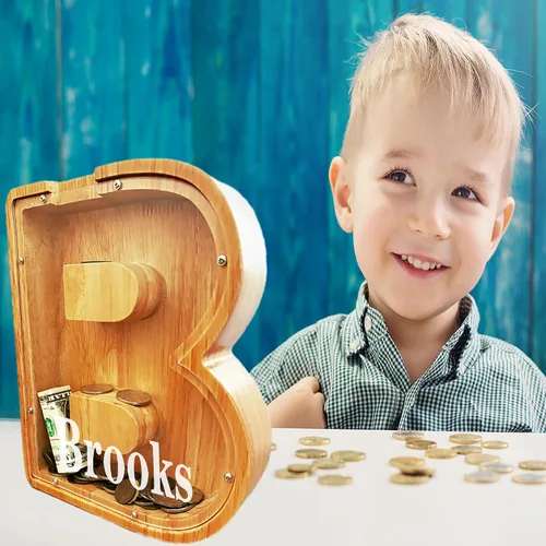 Vista 3 de Alcancía personalizada grande de madera con letras, alcancía de monedas, alcancía personalizada con nombre, puede usarse como regalo de Navidad