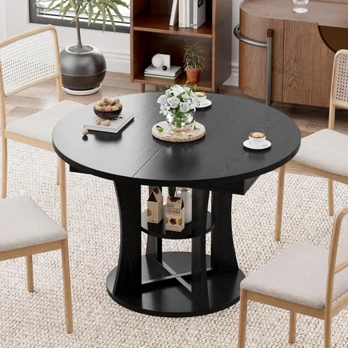 Vista 7 de Mesa de comedor redonda extensible de 43.3 a 59 pulgadas para 4 a 8, moderna mesa de comedor ovalada de cocina con estante de almacenamiento, mesa