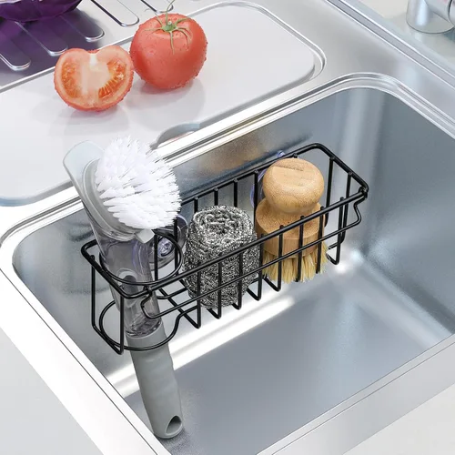 Vista 7 de Soporte de esponja 3 en 1 para fregadero de cocina, 2 opciones de suspensión (ventosas y gancho adhesivo), organizador de fregadero colgante