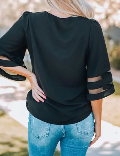 Vista 2 de LookbookStore - Blusa para mujer con paneles de malla, cuello en V, mangas acampanadas 34 y corte holgado