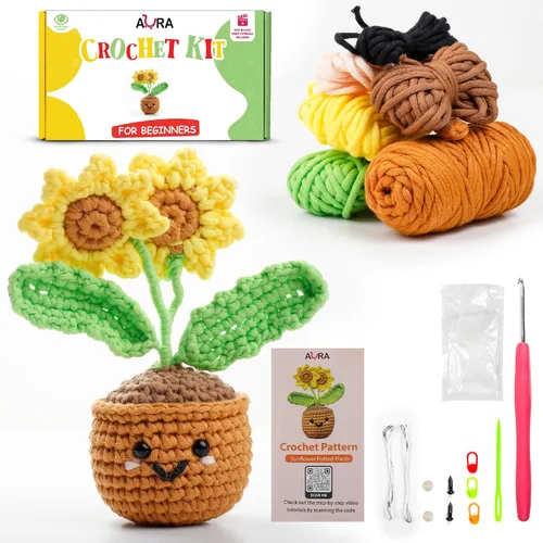 Vista 10 de A-URA Kit de aprendizaje 3 en 1 para principiantes, niños y adultos, patrón de girasol, cactus panda, plantas colgantes para principiantes, kits