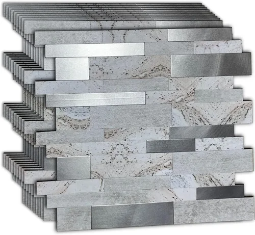Vista 12 de XUANINY 10 hojas de azulejos metálicos despegar y pegar para protector contra salpicaduras, autoadhesivos de aluminio 3D, adhesivos de pared