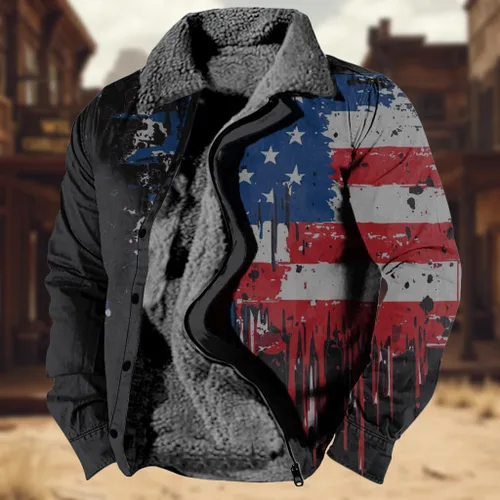 Vista 2 de LOAIHA Chaqueta de invierno para hombre, chaqueta de bandera estadounidense, abrigos occidentales para hombre, con cremallera, forro polar cálido