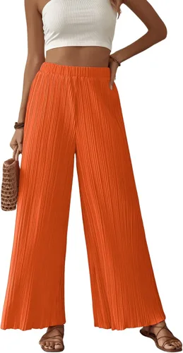 Vista 3 de SweatyRocks Pantalones plisados con cintura elástica bohemia para mujer, pantalones palazzo de pierna ancha, pantalones sueltos