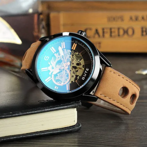 Vista 6 de GLEIM Gute - Reloj de pulsera para hombre, esqueleto mecánico automático automático y steampunk para hombre, reloj casual de cuero marrón