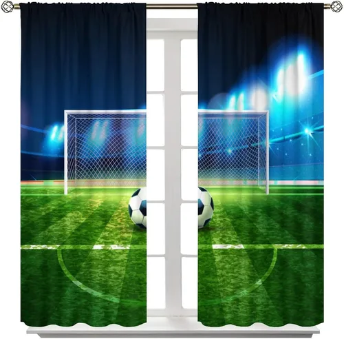 Vista 8 de Cortinas opacas de fútbol para habitación de los niños, hermosos patrones de red de fútbol de estadio de fútbol, decoración del hogar, cortinas