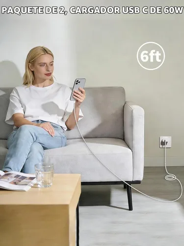 Vista 6 de Adaptador de corriente dinámico Apple de 40W-60W, cargador USB C rápido, paquete de 2 cargadores de iPhone, carga rápida de 6 pies, cables de carga