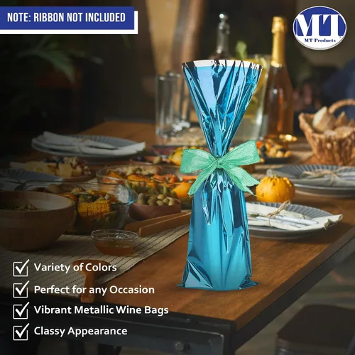 Vista 5 de MT Products Bolsas de regalo de vino Mylar metalizadas azules de 6.5 x 18 pulgadas, ideales para tirar de vino, paquete de 25