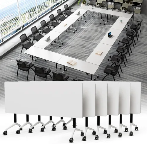 Vista 33 de Mesa de conferencias plegable, mesa modular moderna para sala de conferencias con ruedas para 8-16 personas, mesas de entrenamiento plegables