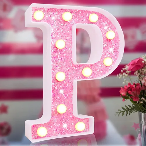 Vista 26 de Letras rosas iluminadas con purpurina, letras del alfabeto rosas, letreros de luces LED en marquesina rosas con batería para iluminación nocturna