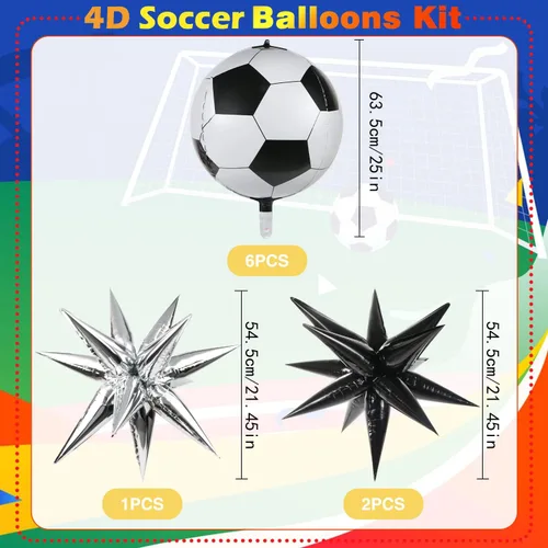 Vista 2 de 6 globos de fútbol, 3 globos de papel de aluminio con forma de estrella puntiaguda para decoraciones de fiesta de fútbol, globos de Mylar de fútbol