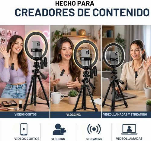 Vista 3 de Acuvar Kit de vlogging con trípode de luz de anillo – Kit de creación de contenido para iPhone, Android y tabletas, micrófono, control remoto