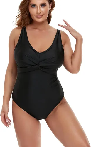 Vista 2 de CYee Trajes de baño de una pieza de talla grande para mujer, cuello en V, con nudo y control de abdomen