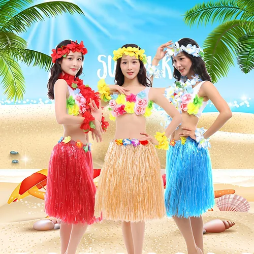 Vista 3 de Falda de paja hawaiana Luau Hula de 24 pulgadas con flores de hibisco, color natural para fiestas en la playa y disfraces