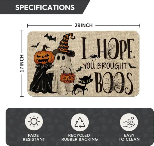 Vista 3 de Artoid Mode Tapete de Halloween con diseño de calabazas fantasmas, diseño de gato con texto en inglés "I Hope You Brought Boos", decoración