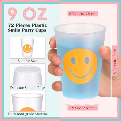 Vista 3 de Irenare 72 vasos de plástico reutilizables de 9 onzas con patrón de sonrisa, vasos de plástico para beber vasos pastel lindos vasos de plástico