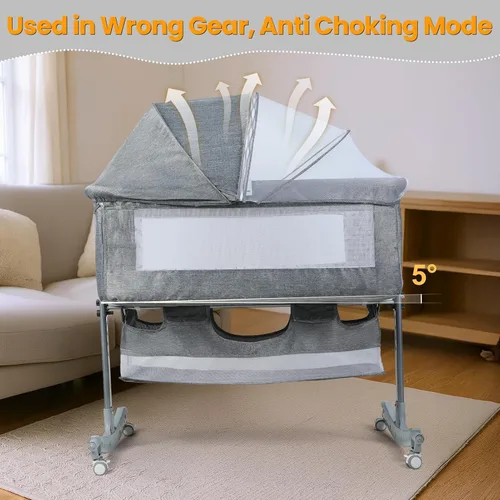 Vista 3 de 3-in-1 Bedside Crib for Baby, Adjustable Height Bassinet with Wheels, Storage Basket & Mosquito Net, Portable Baby Bed Splicing Rocking Cradle for