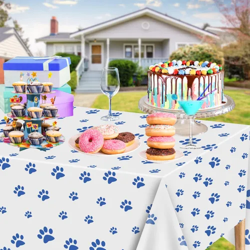 Vista 4 de Paquete de 2 manteles con estampado de patas de cachorro, 51 x 87 pulgadas, desechables, de plástico, para decoraciones de fiestas temáticas de Azul