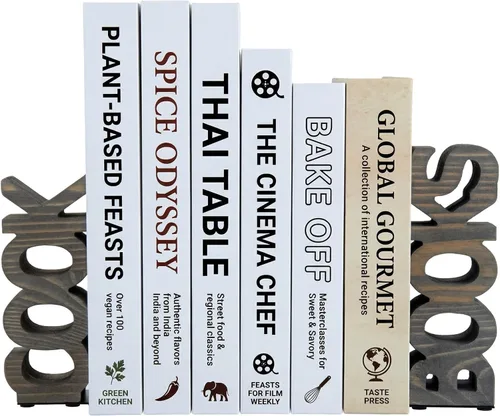 Vista 9 de MyGift Sujetalibros decorativos de madera quemada rústica para cocina y libros, para encimera de cocina, juego de 2 piezas Marrón oscuro