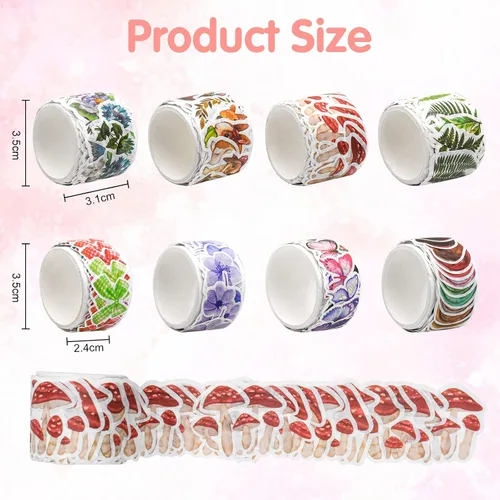 Vista 3 de 8 rollos de cinta adhesiva Washi vintage, diseño de pétalos de flores, hojas de helecho, mariposas, hojas de pino, hongos para bricolaje, diario