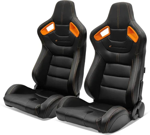 Vista 11 de IKON MOTORSPORTS, Par de asientos universales de carreras con deslizadores dobles, color negro con puntada naranja PU y cuero de carbono