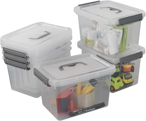 Vista 10 de Paquete de 6 cajas de plástico transparente con tapas, 10 L Diseño transparente, apilable y portátil, ideal para ropa, documentos y pequeños