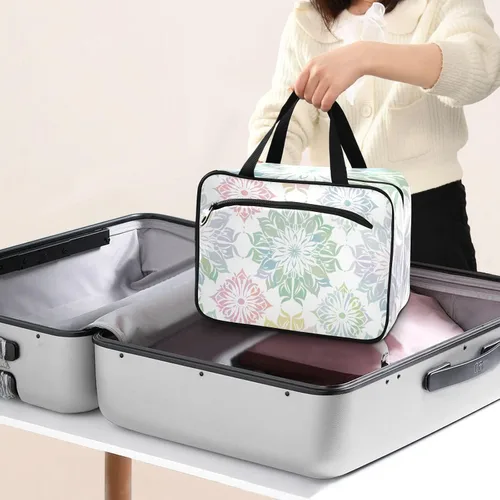 Vista 8 de Elegante diseño de mandala de color pastel, bolsas colgantes para viajes con gancho, bolsa de accesorios de diseñador con compartimentos