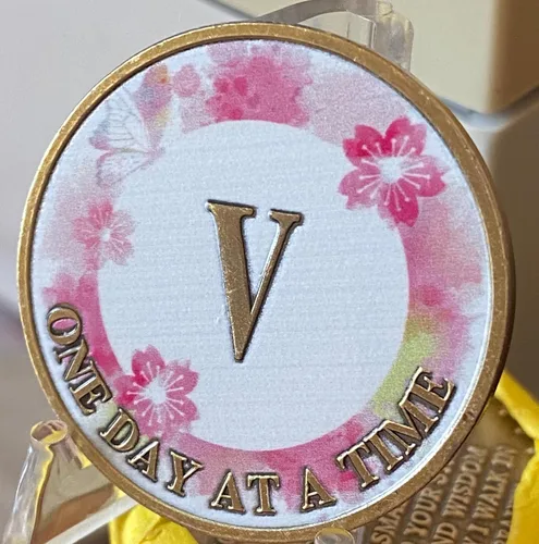 Vista 4 de Medallón de sobriedad de flor de loto rosa mariposa de 5 años un día a la vez AA NA Chip