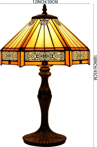 Vista 7 de WERFACTORY Tiffany - Lámpara de mesa hexagonal amarilla estilo misión de vitral, lámpara de mesa de escritorio, luz de lectura de 12 x 10 x 18