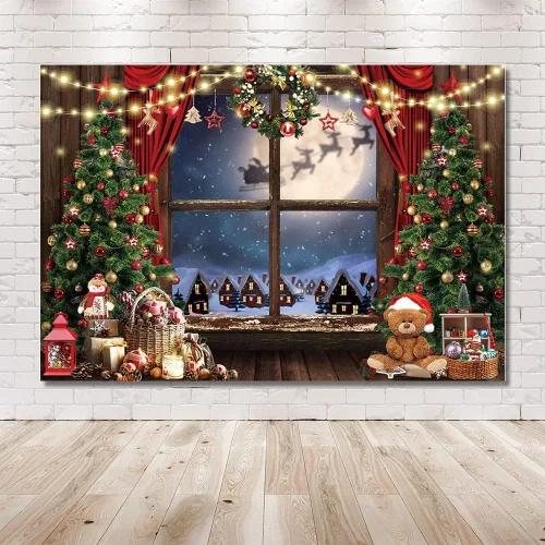 Vista 6 de MEHOFOND Telón de fondo de Navidad para fotografía de invierno, Papá Noel, árbol de Navidad, decoración de regalo de nieve, fiesta, Año Nuevo, fondo