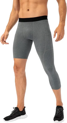 Vista 36 de Pantalones de compresión de 3/4 de una pierna para hombre, mallas de baloncesto atléticas para correr, leggings deportivos de capa base capri