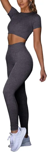 Vista 3 de LYANER Conjuntos de entrenamiento para mujer, camiseta corta de manga corta y leggings de cintura alta, conjuntos de yoga de 2 piezas