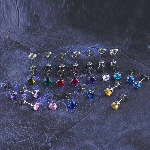 Vista 7 de Juego de 12 pares de aretes de tuerca de acero inoxidable con circonita cúbica para mujer, juego de aretes de tuerca con piedra natal multicolor