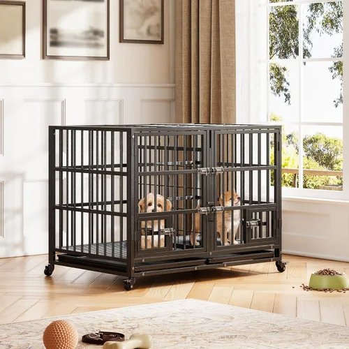 Vista 3 de Jaula para perros con riel deslizante de 42 pulgadas, perrera de metal grande resistente con puertas dobles, divisor flexible, bandeja extraíble