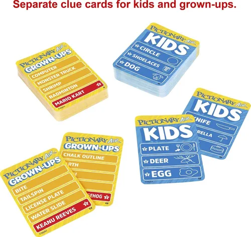 Vista 3 de Mattel Games Pictionary Air Kids Vs. Grown-Ups Juego familiar para la noche de juegos con bolígrafo de luz y tarjetas de pistas, se conecta a