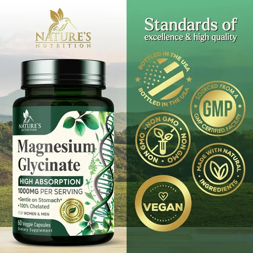Vista 4 de Glicinato de magnesio 1000mg – Magnesio quelado para soporte de huesos, músculos, nervios y corazón, 500mg por cápsula para ultra absorción, soporte