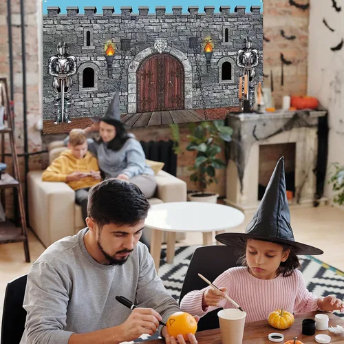 Vista 2 de Decoraciones medievales para fiestas, telón de fondo de pared de piedra con armadura de caballero, grande de 73 x 43 pulgadas, poliéster