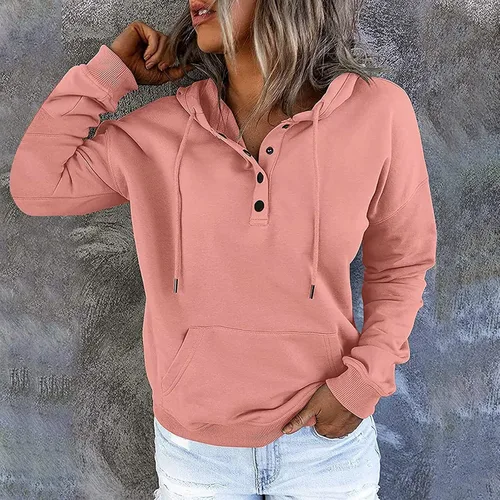Vista 140 de Sudaderas con capucha para mujer, con cuello de botón, sin botones, con cordón, manga larga, lindas, ropa para adolescentes y niñas