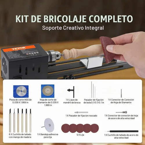 Vista 6 de VEVOR Mini máquina de torno, 7 cm x 16 cm, Mini herramientas de torno para madera de 24VDC 96W, accesorios de máquina de fresado, 7 velocidades