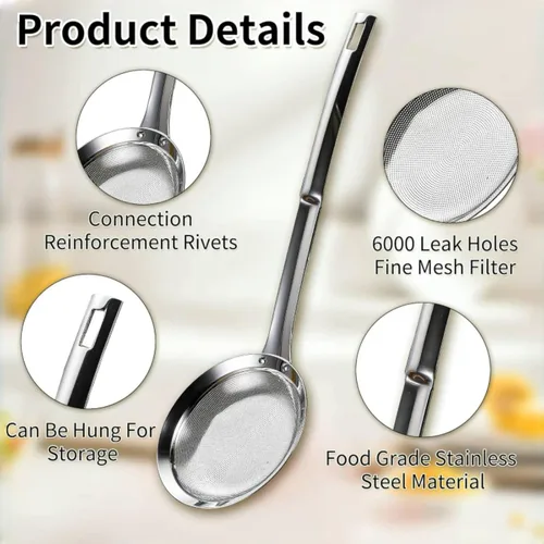 Vista 4 de Colador de acero inoxidable de malla fina, colador de malla de acero inoxidable, cuchara purificadora de aceite de cocina, filtro ultra fino